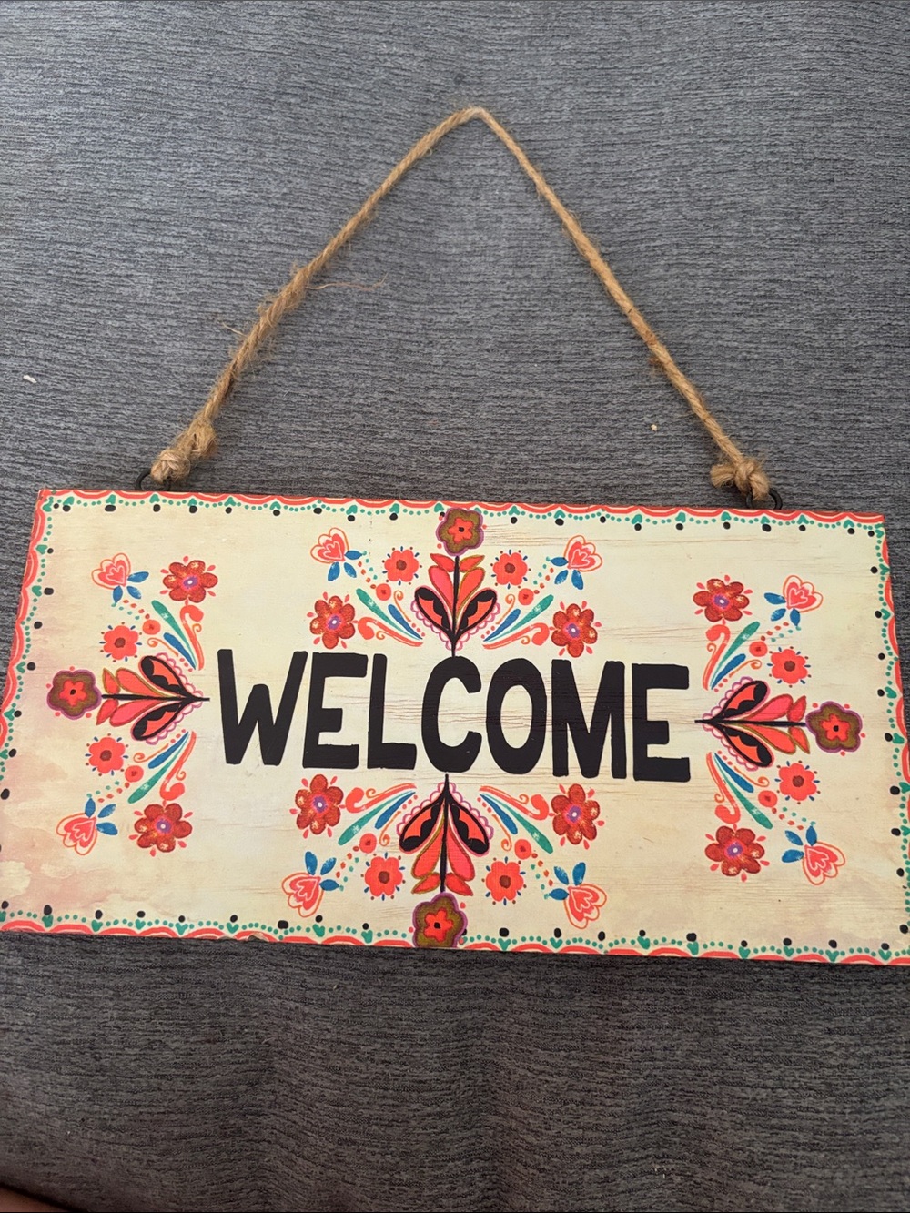 Welcome Floral Hanging Sign - Red and Cream Home Accent